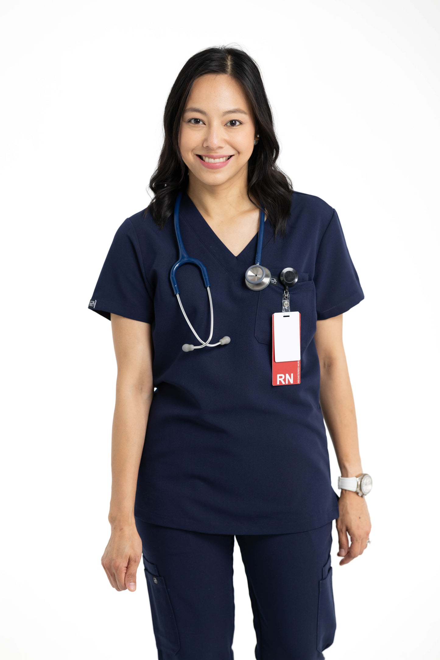 Women's V Neck Scrub top with Chest Pockets in Navy Blue