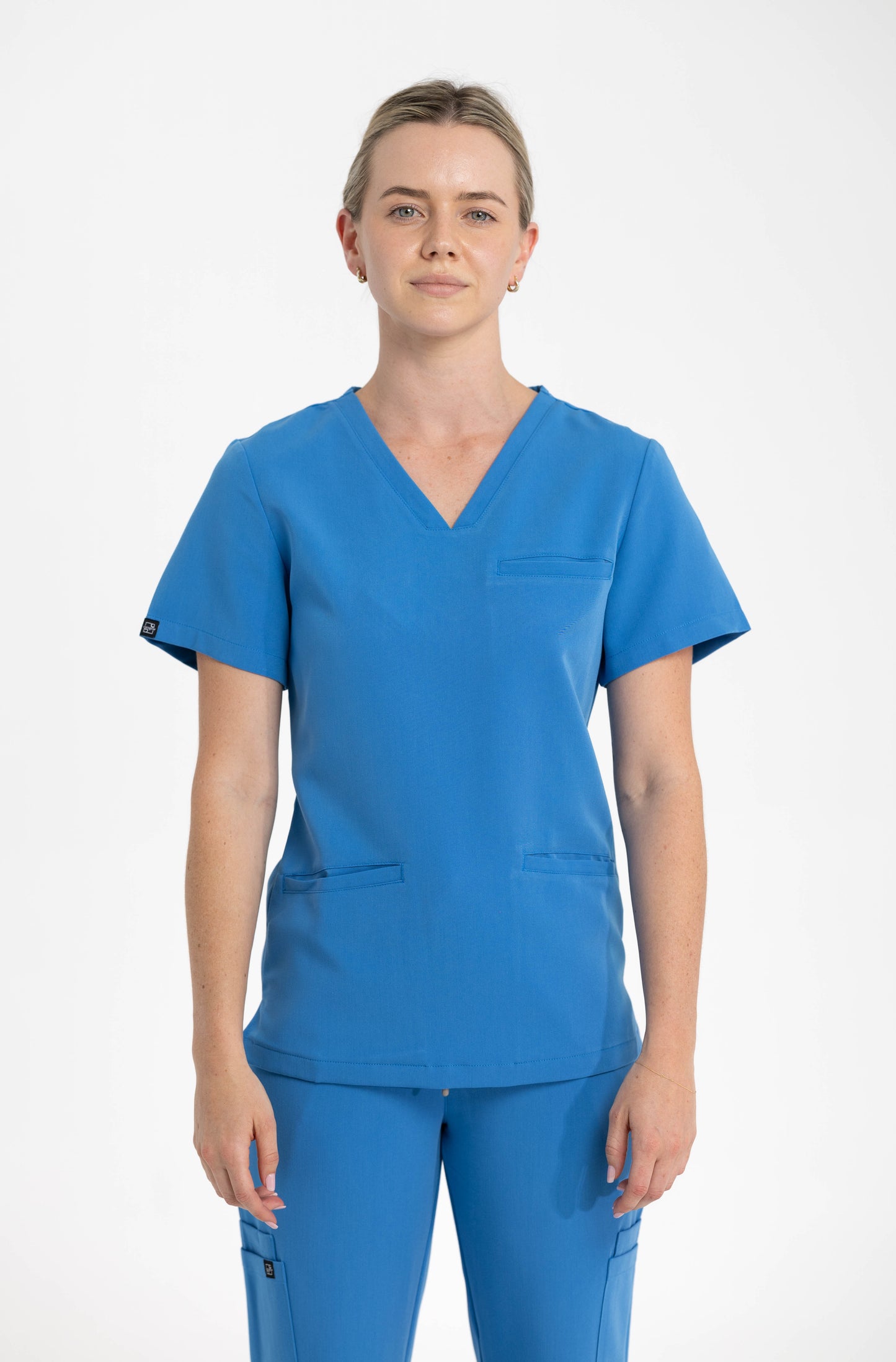 Women's V Neck Scrub Top with 3 pockets in Azure Blue