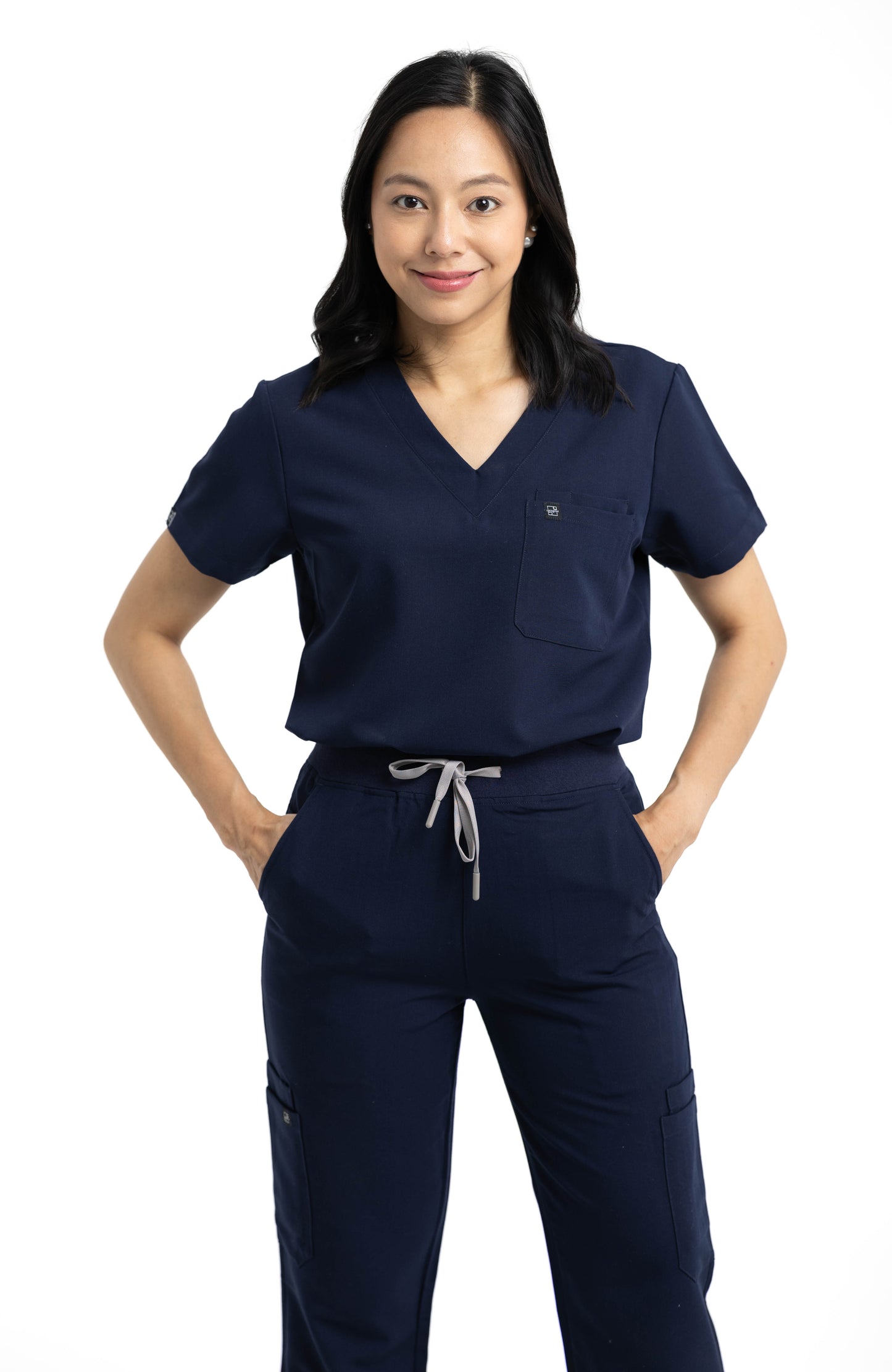 Women's V Neck Scrub top with Chest Pockets in Navy Blue