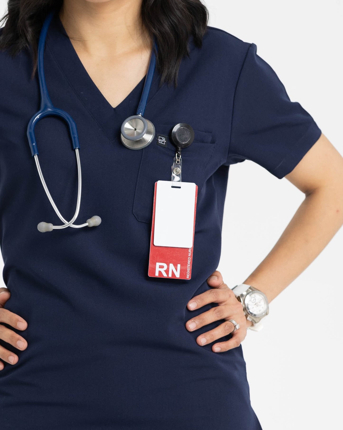 Women's V Neck Scrub top with Chest Pockets in Navy Blue