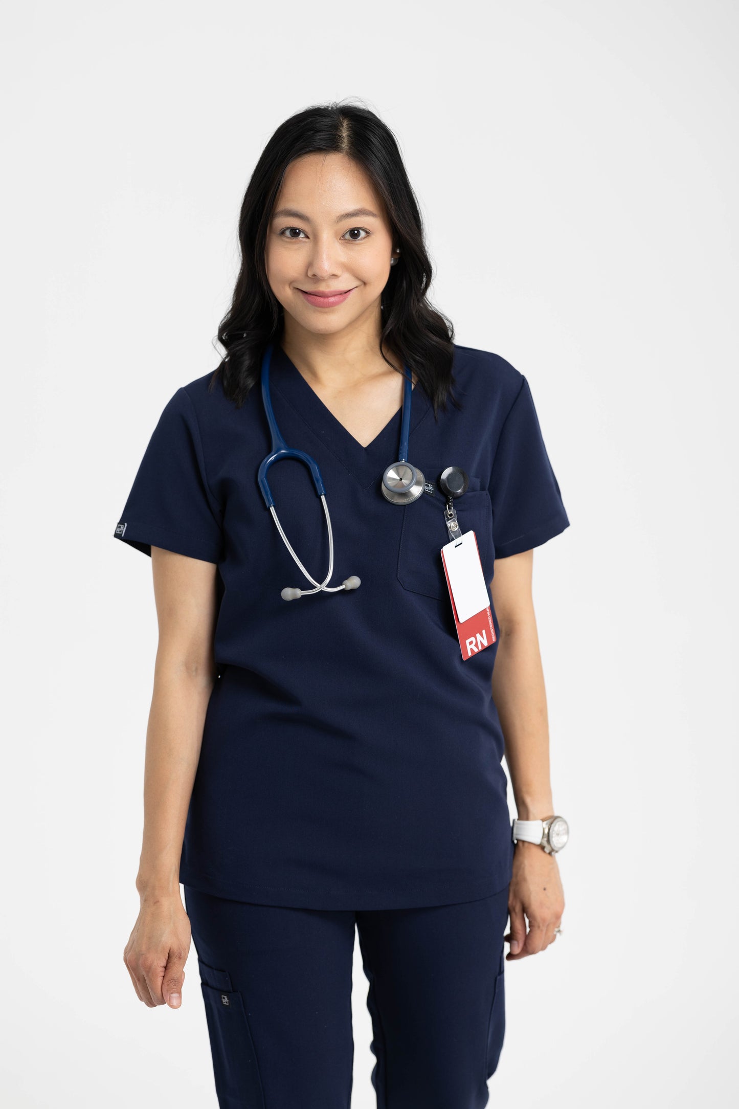 Women's V Neck Scrub top with Chest Pockets in Navy Blue