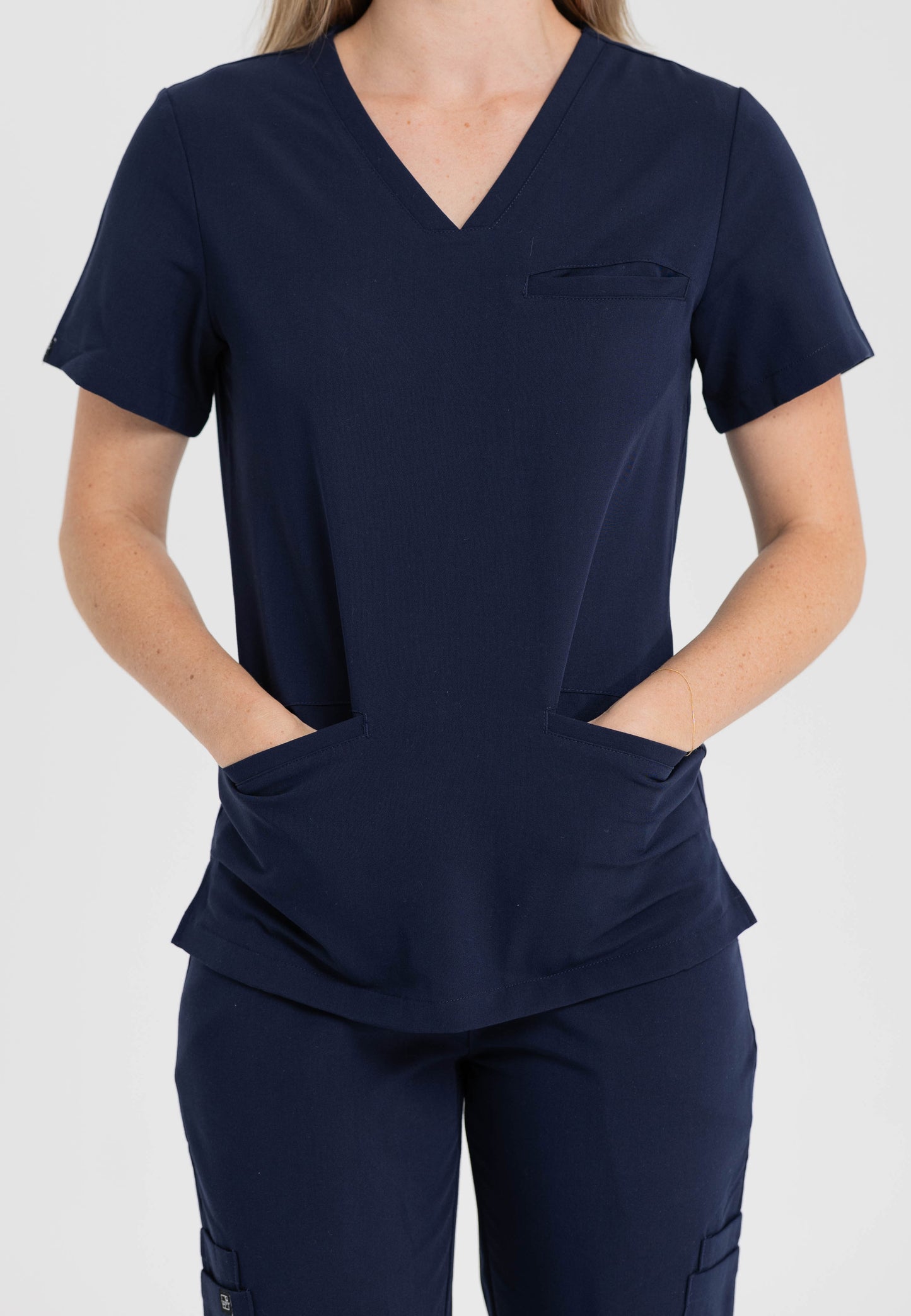 Women V Neck Scrub Top with 3 pockets Navy Blue