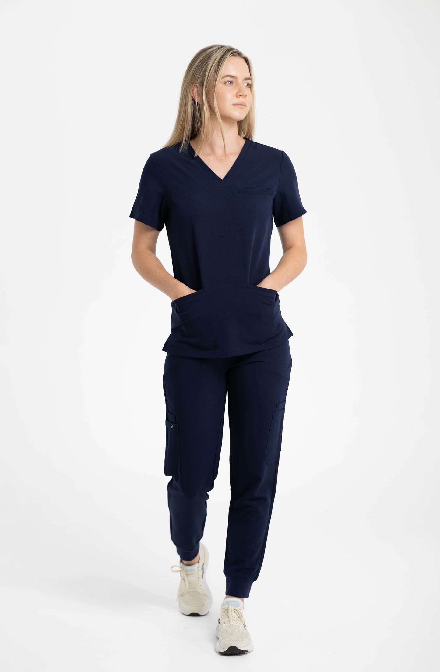 Women V Neck Scrub Top with 3 pockets Navy Blue