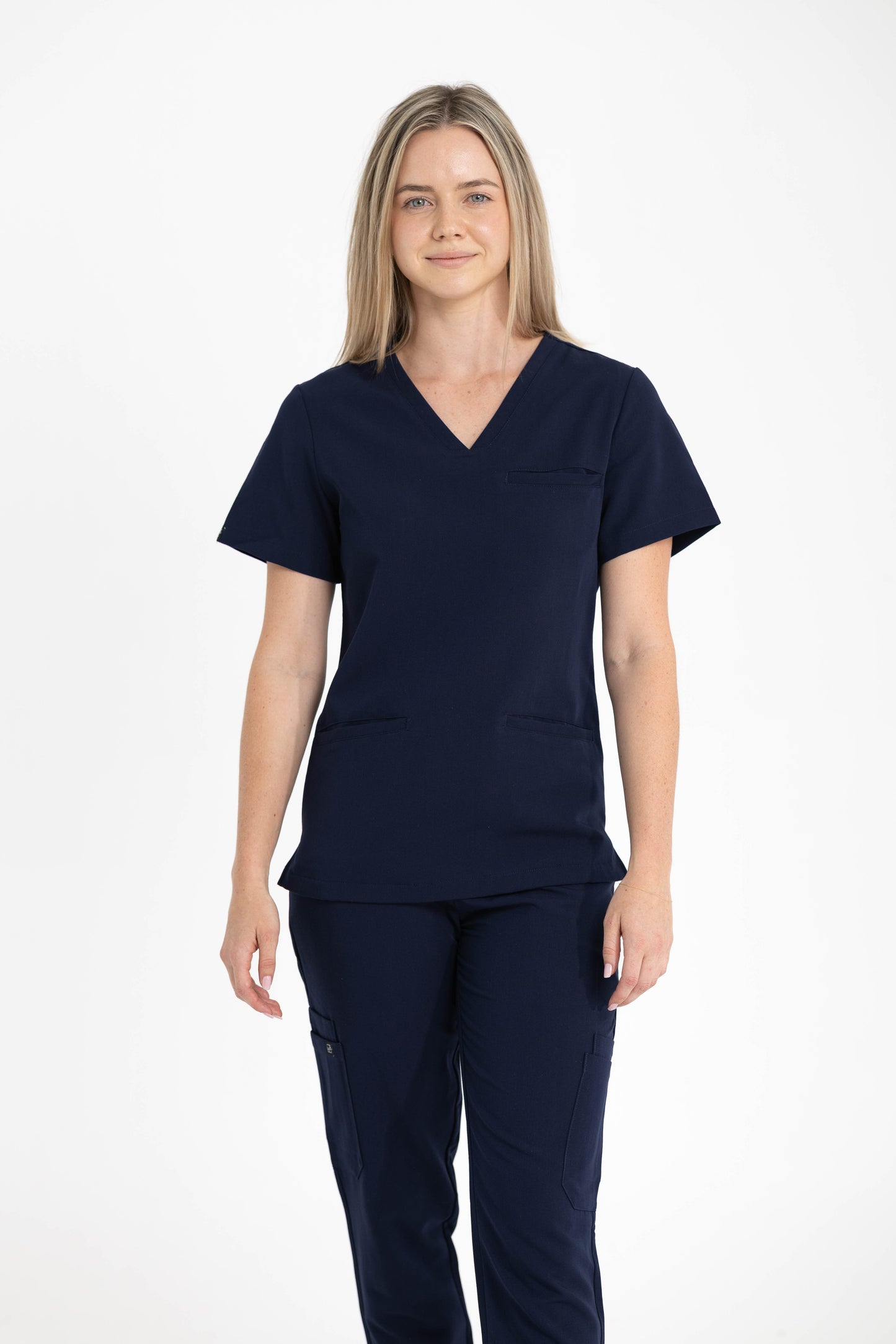 Women V Neck Scrub Top with 3 pockets Navy Blue