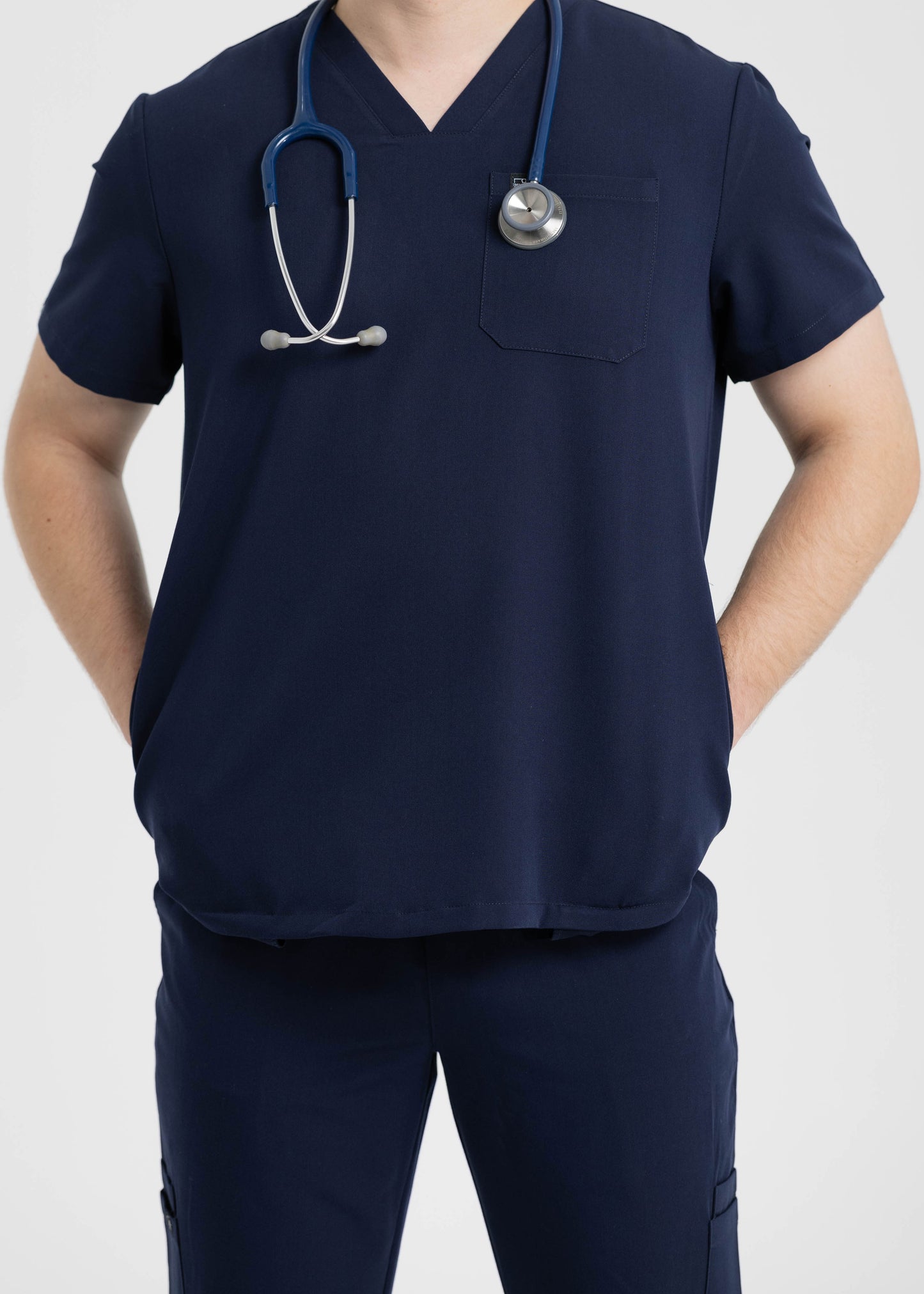 Men's V Neck Scrub Top with Three Pockets in Navy Blue