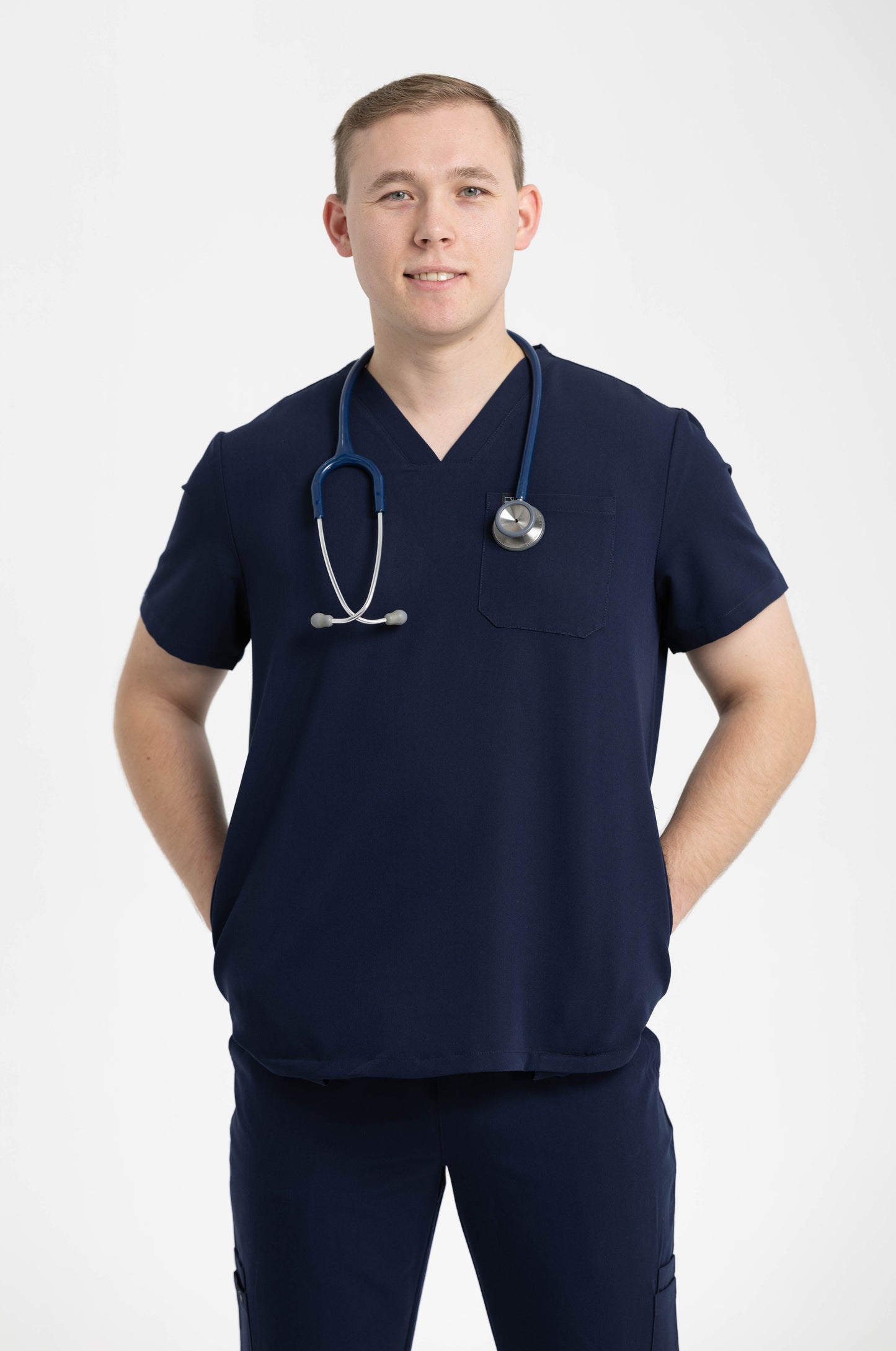 Men's V Neck Scrub Top with Three Pockets in Navy Blue