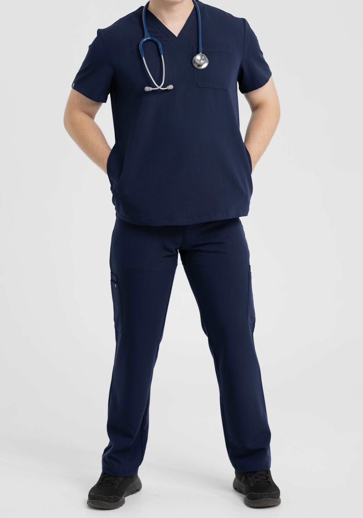 Men's V Neck Scrub Top with Three Pockets in Navy Blue