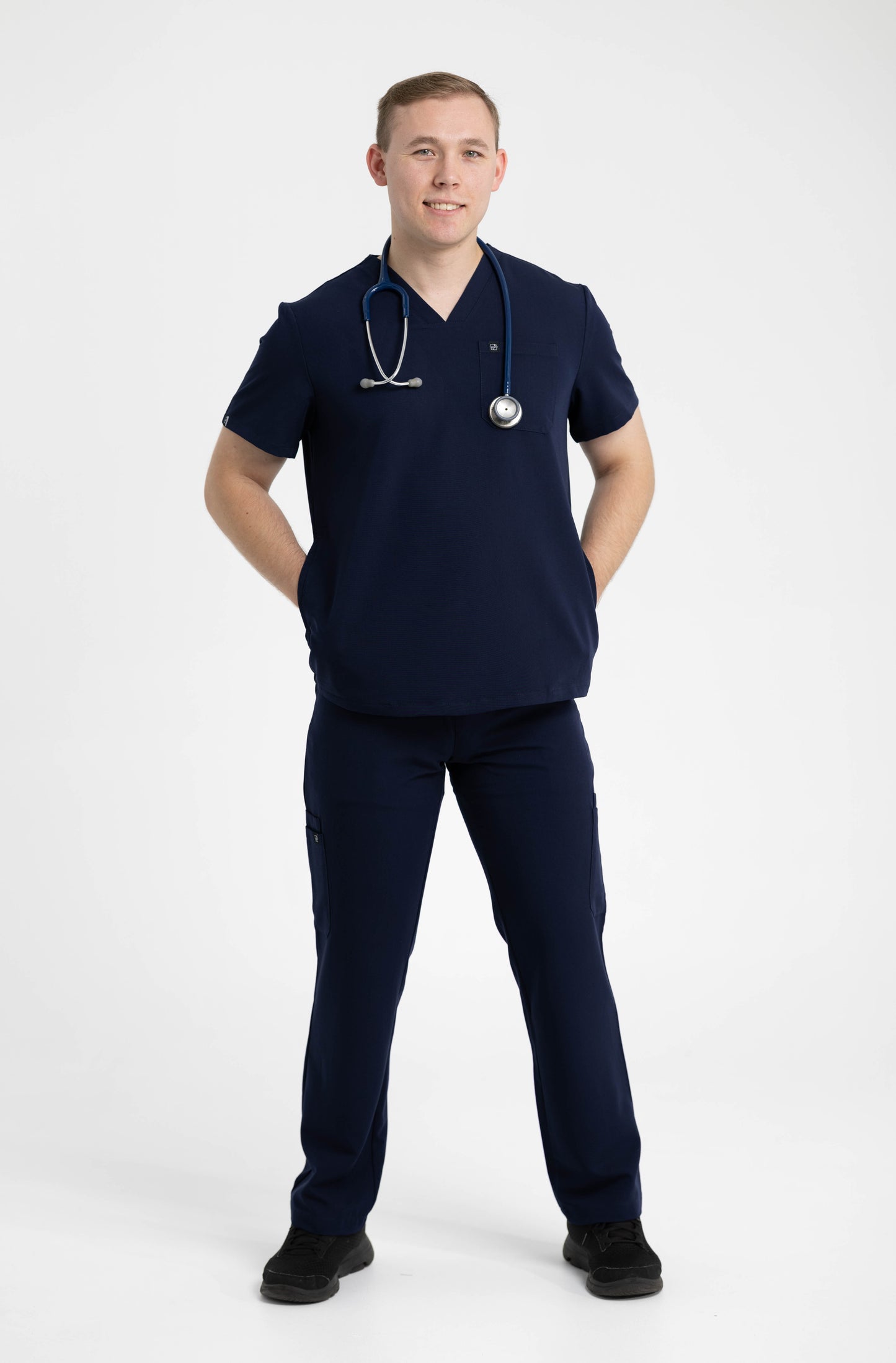 Men's V Neck Scrub Top with Three Pockets in Navy Blue