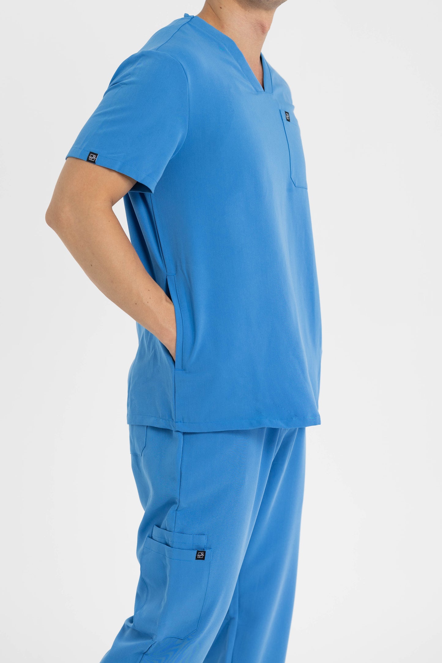 Men's V Neck Scrub Top with Three Pockets in Azure Blue