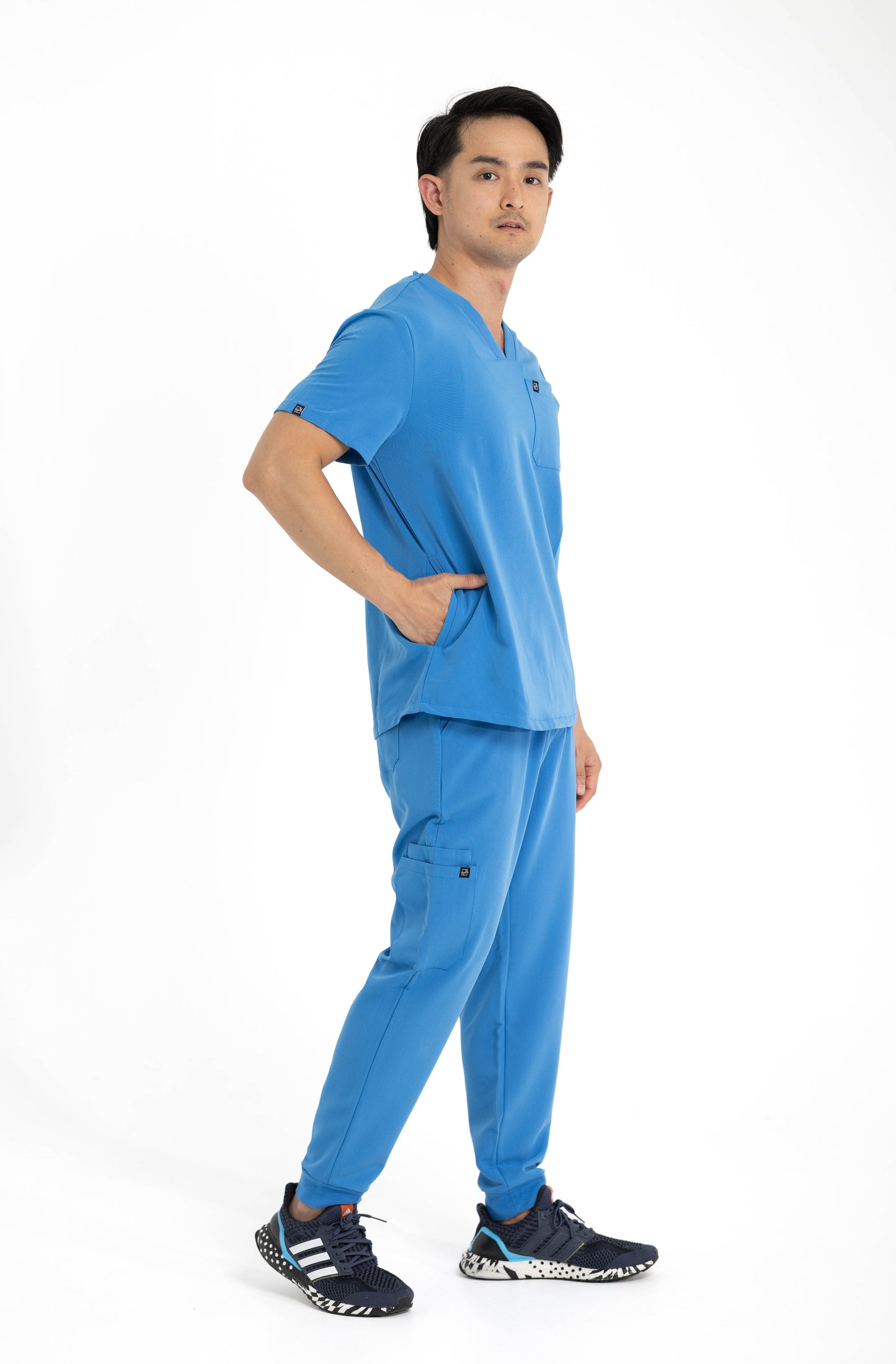 Men's V Neck Scrub Top with Three Pockets in Azure Blue