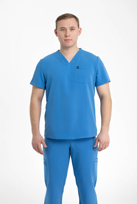 Men's V Neck Scrub top With Chest Pockets in Azure Blue