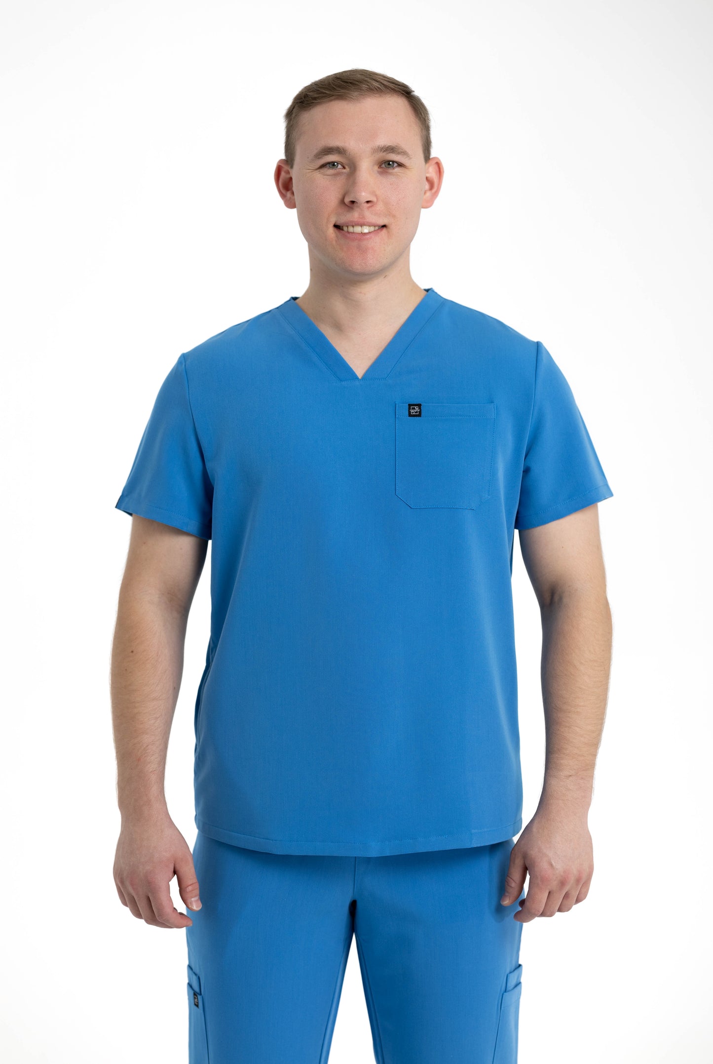 Men's V Neck Scrub Top with Three Pockets in Azure Blue