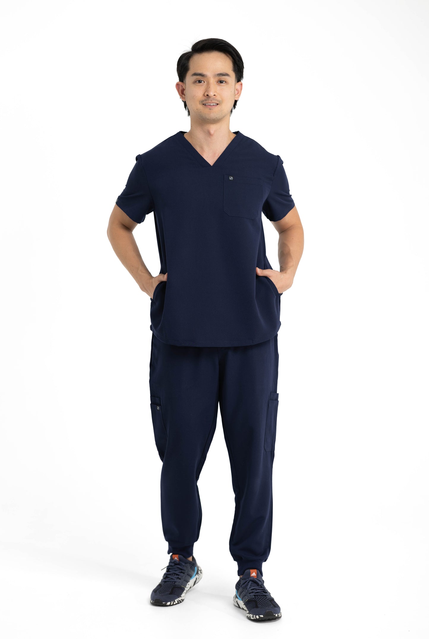 Men's V Neck Scrub Top with Three Pockets in Navy Blue