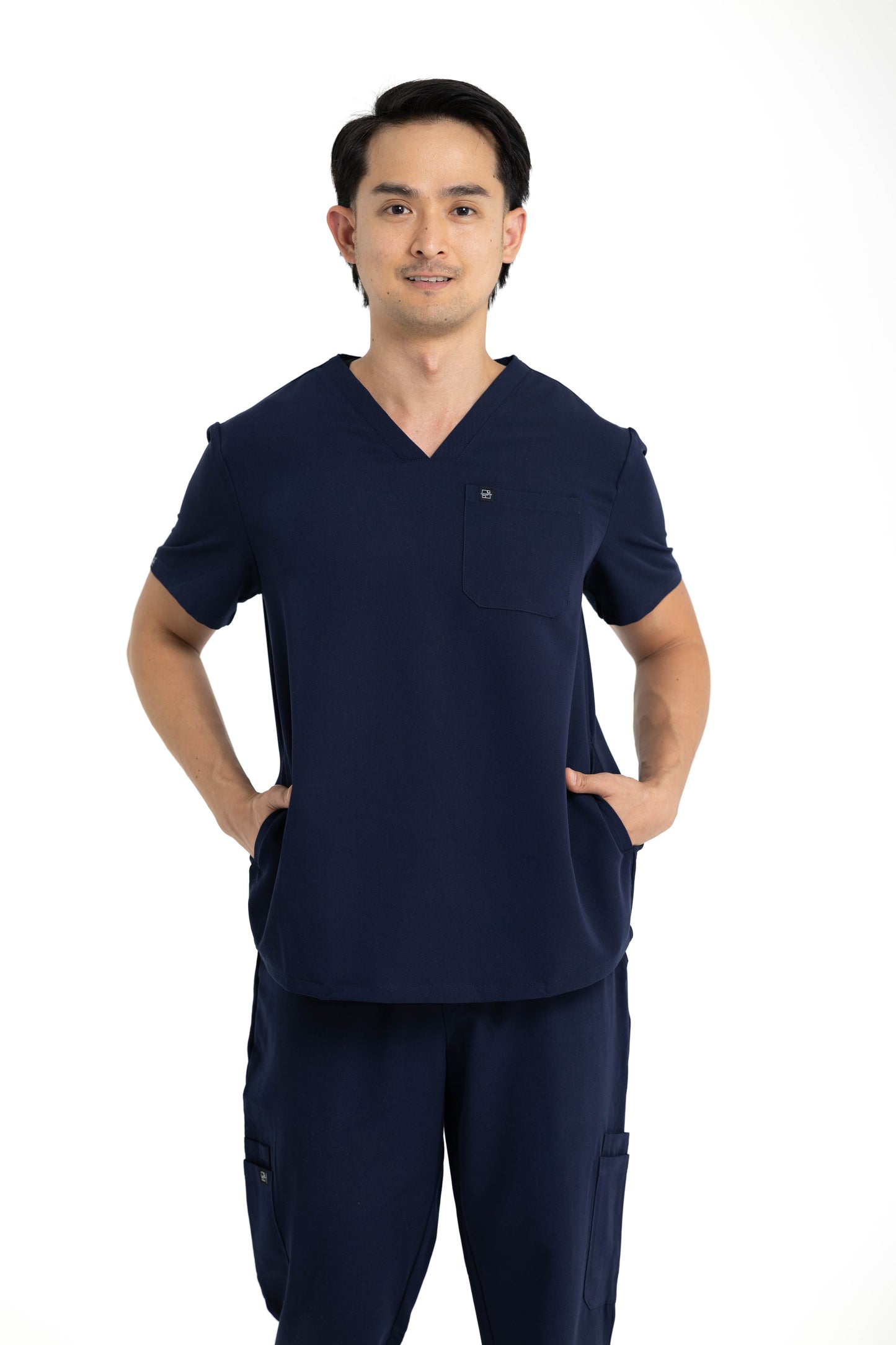 Men's V Neck Scrub Top with Three Pockets in Navy Blue