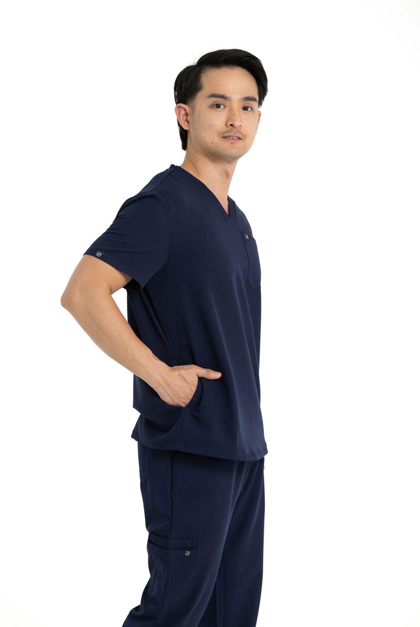 Men's V Neck Scrub Top with Three Pockets in Navy Blue