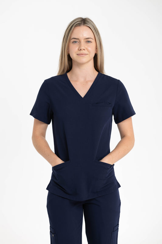 Women V Neck Scrub Top with 3 pockets Navy Blue