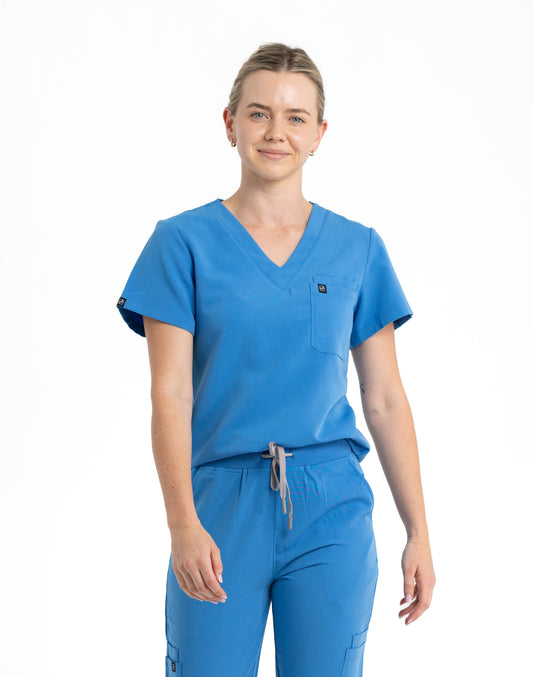 Women's V Neck Scrub top with Chest Pockets in Azure Blue