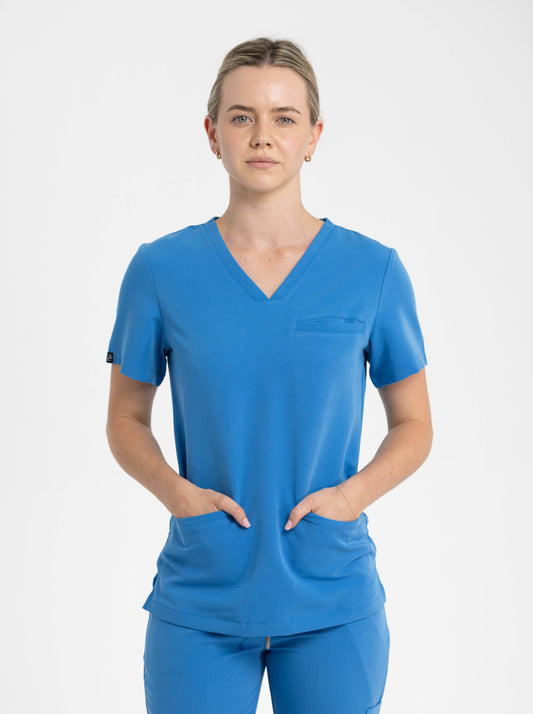 Women's V Neck Scrub Top with 3 pockets in Azure Blue