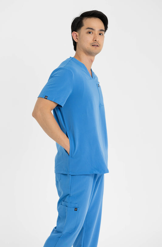 Men's V Neck Scrub Top with Three Pockets in Azure Blue